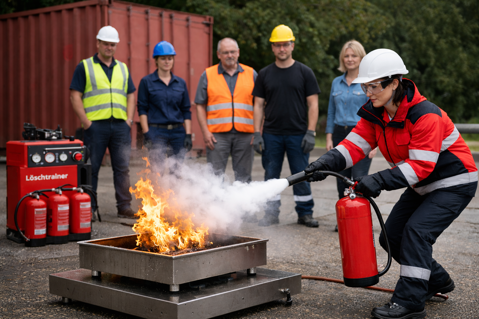 Teilnehmer üben gemeinsam den Einsatz von Feuerlöschern bei einer Brandschutzschulung